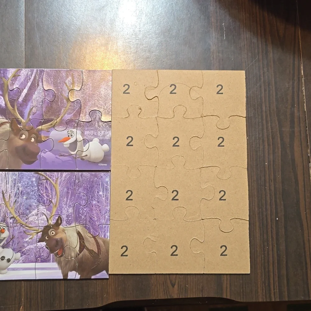 5 Disney Frozen Puzzles in Wooden Storage Bin